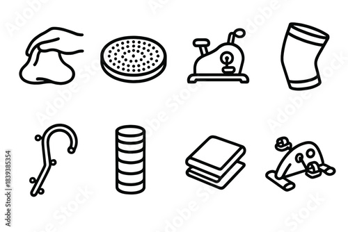 Therapy Devices Icons. Therapeutic Recovery Devices linear set: therapy putty, balance disc, arm ergometer, joint support sleeve, massage cane, stretch roller, rehab band,