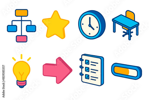 Isometric Workflow Icons. Efficient workflow elements isometric flat set: workflow chart, priority star, schedule clock, clean workspace, idea spark, action arrow, planner,