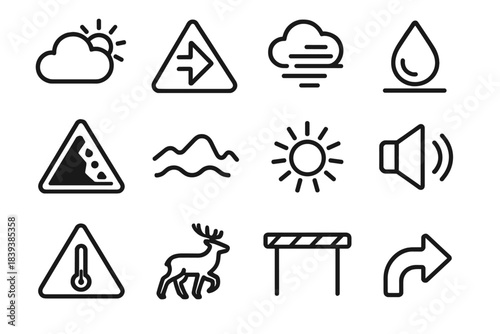 Weather Safety Icons. Environmental Prevention Signs linear set: weather shift cloud, strong wind caution arrow, reduced visibility haze, wet-surface droplet, debris zone marker,