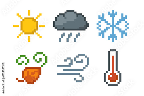 Pixel Art Climate Icons. Seasonal climate themes pixel style set: sunburst, rain cloud, snowflake, leaf swirl, wind gust, temperature gauge.