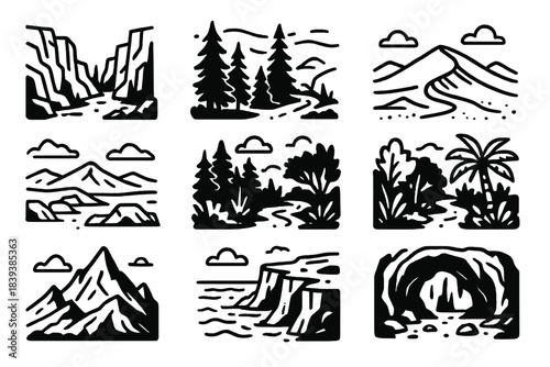 Adventure Icon Compilation. Adventure Terrain Scenes linear set: rocky canyon, misty forest, desert dune crest, icy tundra, jungle clearing, mountain ridge, coastal cliff,