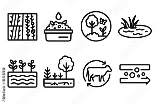 Eco-Farm Stewardship Icons. Eco-farm stewardship models linear set: perennial crop tile, organic compost bar, habitat corridor node, water pond icon, soil health strip,