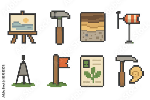 Landscape Study Icons. Landscape Study Tools set of icons in flat pixel vector style: horizon sketch board, geology hammer, strata sample, wind vane, distant silhouette marker,