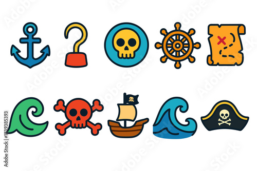 Pirate adventure icon set. Nautical, treasure hunt icons in flat style
