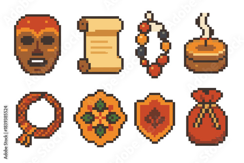 Cultural Icons Collection. Cultural Journey Set set of icons in flat pixel vector style: pocket-size mask, travel scroll, charm bead string, portable incense tin, woven wristband,