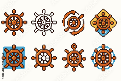 Nautical wheel pixel icon set. Maritime navigation, sea travel icon collection".