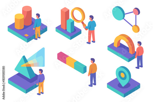 Futuristic Icon Set. Perceived vs actual themes flat isometric set: viewpoint tile, reality bar, bias lens node, clarity beam, distortion arc, insight cue, comparison strip,
