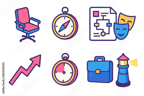 Workplace Coaching Icons. Workplace Coaching Circle isometric flat set: coaching chair, guidance compass, structured plan sheet, role-play masks, improvement arrow, session timer,