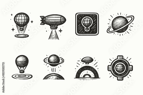 Space and travel outline icon set. Cosmic adventures and exploration icons collection