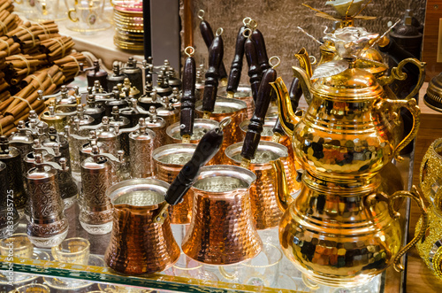 Traditional Turkish coffee pots Cezve at bazaar in Istanbul, Turkey.