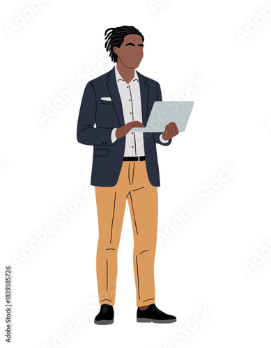 Flat minimalist illustration of an African American businessman in smart attire holding a laptop isolated on transparent background