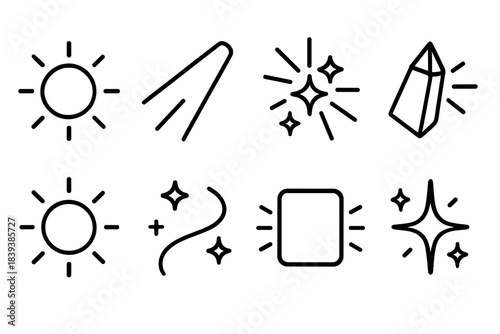 Glowing Light Icons. Illumination Concepts linear set: glowing orb, beam ray, light burst, prism shard, radiant halo, shimmer trail, soft glow panel, spark icon. .