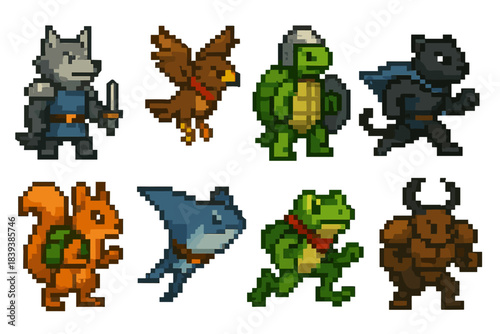 Heroic Animal Icons. Heroic animal characters set of icons in flat pixel vector style: wolf protector, hawk glider, turtle defender, panther sprinter, squirrel climber, manta