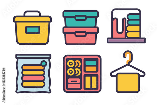 Modern Storage Solutions. Smart Storage Planning flat set: labeled bin, stackable box, shelf divider, vacuum bag, drawer organizer, space-saving hook.