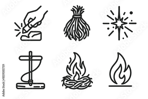 Primitive Fire Icons. Fire-Making Techniques linear set: flint strike, tinder bundle, spark burst, bow-drill set, ember nest, flame rise icon.