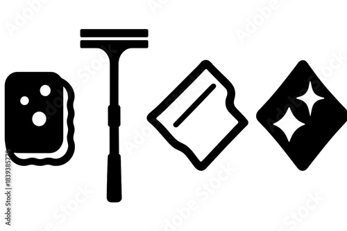 Brutalist Cleaning Icons. Glass Cleaning Tools silhouette set: scrub sponge, telescopic handle, streak-free cloth.