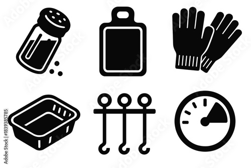 BBQ Icon Set. BBQ Prep Essentials silhouette set: seasoning shaker, cutting board, heat-resistant gloves, foil tray, kebab rack, cook-time gauge.