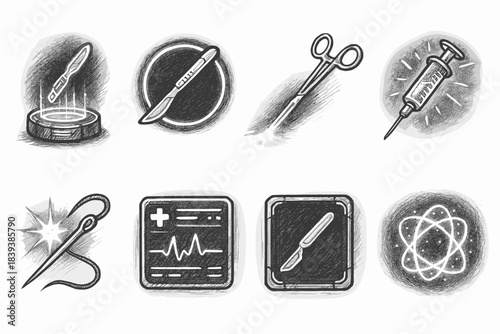 Medical tools sketch icon set. Surgery, hospital equipment sketch icons collection