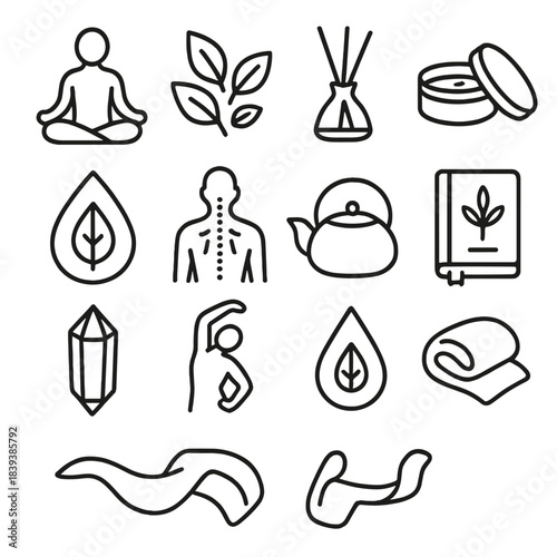 Holistic Wellness Icons. Mind–Body Health Collection linear set: calm posture figure, invigorating herb blend, scent diffuser, natural lotion tin, cleansing leaf symbol, acupoint