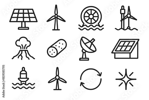Renewable Energy Icons. Renewable Energy Sources linear set: solar panel array, wind turbine, hydro wheel, tidal generator, geothermal vent icon, biomass pellet, solar thermal dish