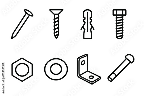 DIY Fasteners Icons. DIY Fasteners linear set: nails, screws, wall anchors, bolts, nuts, washers, brackets, hinge pins. .