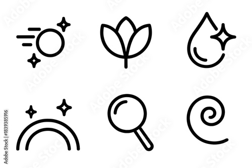 Iconic Outline Wonders. Wonder linear set: drifting light orb, unfolding petal, shimmering droplet, wide-sky curve, discovery lens, subtle magic curl.