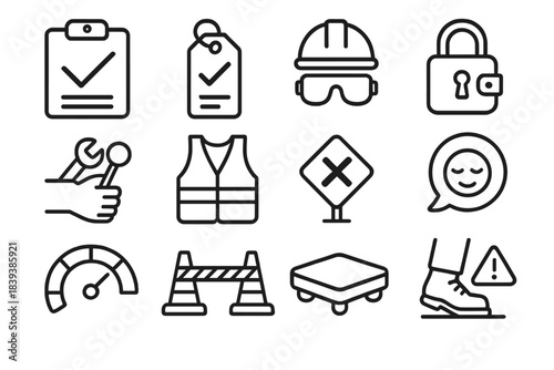Safety Icons Overview. Safety Readiness Cues linear set: pre-check clipboard, equipment inspection tag, safety gear reminder, secure latch icon, tool condition check, visibility