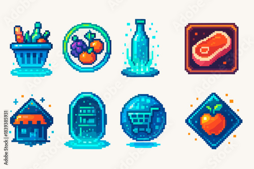 Pixel food and drink icon set. Grocery, beverage, meal, snack icons in pixel style