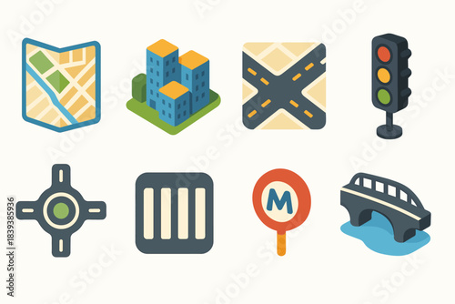 Transportation and city flat icon set. Urban travel, map symbols flat collection