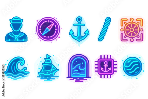 Nautical adventure icon set: flat maritime, sailing, ocean, sea-themed icons collection