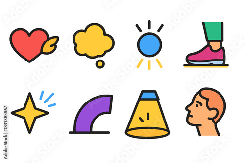Minimalistic Emotion Icons. Emotional Expectation Elements flat set: flutter heart, thought bubble, soft beam, paused step, curiosity spark, spotlight arc, anticipation line,