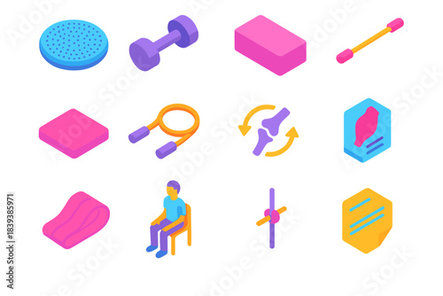 Therapeutic Movement Icons. Therapeutic Movement Set isometric flat set: balance disc, light dumbbell, stretch block, mobility wand, foam pad, resistance rope, joint rotation icon,