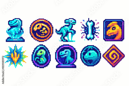 Gaming, dinosaur pixel icon set. Retro, adventure game badges in pixel art style