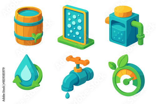 Sustainable Water Icons. Sustainable Water Recovery flat isometric set: collection barrel, aeration bubble panel, treatment chamber, recycled water icon, flow regulator,