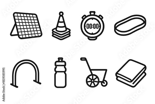 Soccer Training Icons. Soccer Workout Tools linear set: rebound net, cone cluster, fitness timer, strength band, dribble arc, hydration flask, chalk line marker, warm-up towel.
