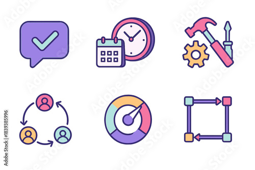 Modern Work Icons. Responsive Work Practices isometric flat set: feedback bubble, flexible schedule, modular tools, priority dial, communication flow, adaptable frame.