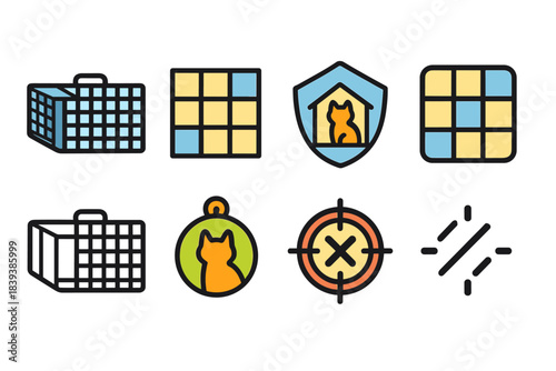 Pet care flat icon set. Animal care essentials, pet safety icons flat collection