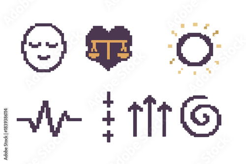 Emotional Pixel Harmony. Emotional Harmony Icons pixel style set: serene face outline, balanced heart, calm glow ring, gentle pulse, clarity line, soft beam, aligned arrows,