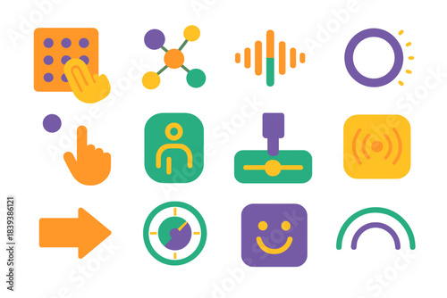 Minimal Sensory Interaction Design. Integrated Sensory Interaction flat set: tactile pulse tile, visual prompt node, sound cue bar, haptic feedback ring, gesture input dot, motion