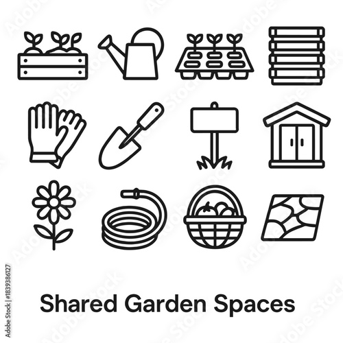 Community Garden Icons. Shared Garden Spaces linear set: raised bed plot, watering can, seedling tray, compost bin, garden gloves, soil trowel, community signpost, shared tool shed