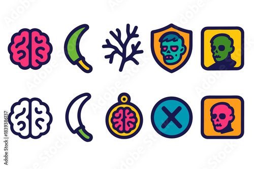 Halloween outline icon set. Spooky, brain, skull, zombie, scythe, shield icons outline collection".