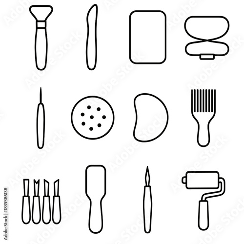 Sculpting Tools Icons. Sculpting Essentials linear set: wire-end loop tool, wooden modeling spatula, steel scraper, clay cutter cord, detail needle, soft sponge pad, shaping rib,