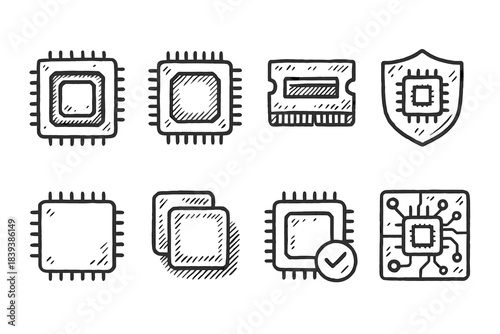 Electronics, microchip outline icon set. Circuit, processor, chip, technology icons collection