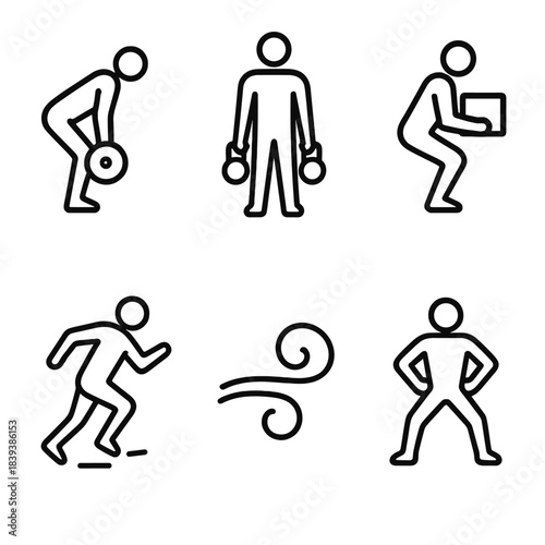 Functional Training Icons. Functional Conditioning linear set: hinge movement icon, farmer carry symbol, controlled lift, agility step, breathing swirl, power stance.