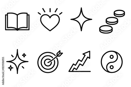 Symbols of Personal Success. Personal Success Set linear set: open book, heart glow, guiding star, stepping stones, clarity spark, focus line, uplift arrow, harmony circle.
