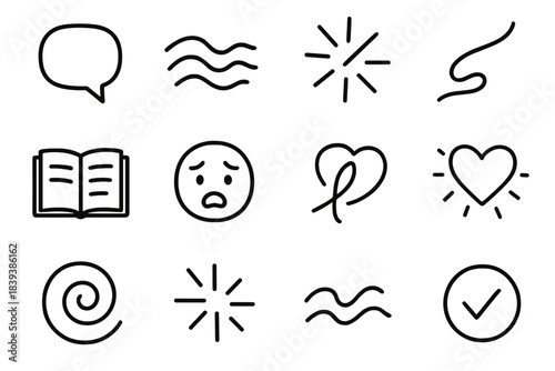 Icons of Expression. Personal Expression linear set: open speech bubble, flowing lines, creative spark, handwriting stroke, open journal, expressive face, swirling shapes, heart