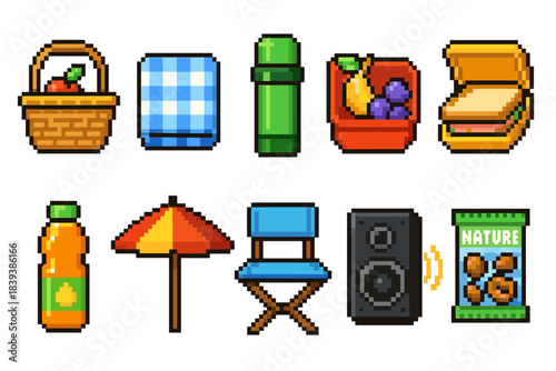 Picnic essentials icon set in retro pixel style. Basket, food, and drink icons collection