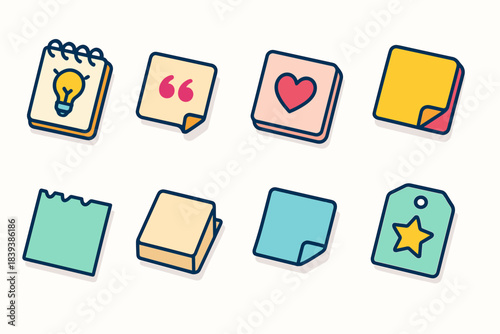 Office stationery flat icon set. Notes, ideas, and reminder icons in vibrant colors