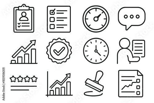 Organizational Review Icons. Training Review Set linear set: assessment form, task checklist, results gauge, comment bubble, growth arrow, review emblem, timing clock, observer