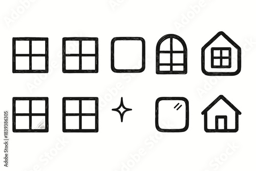 Home and window outline icon set for architecture and decor